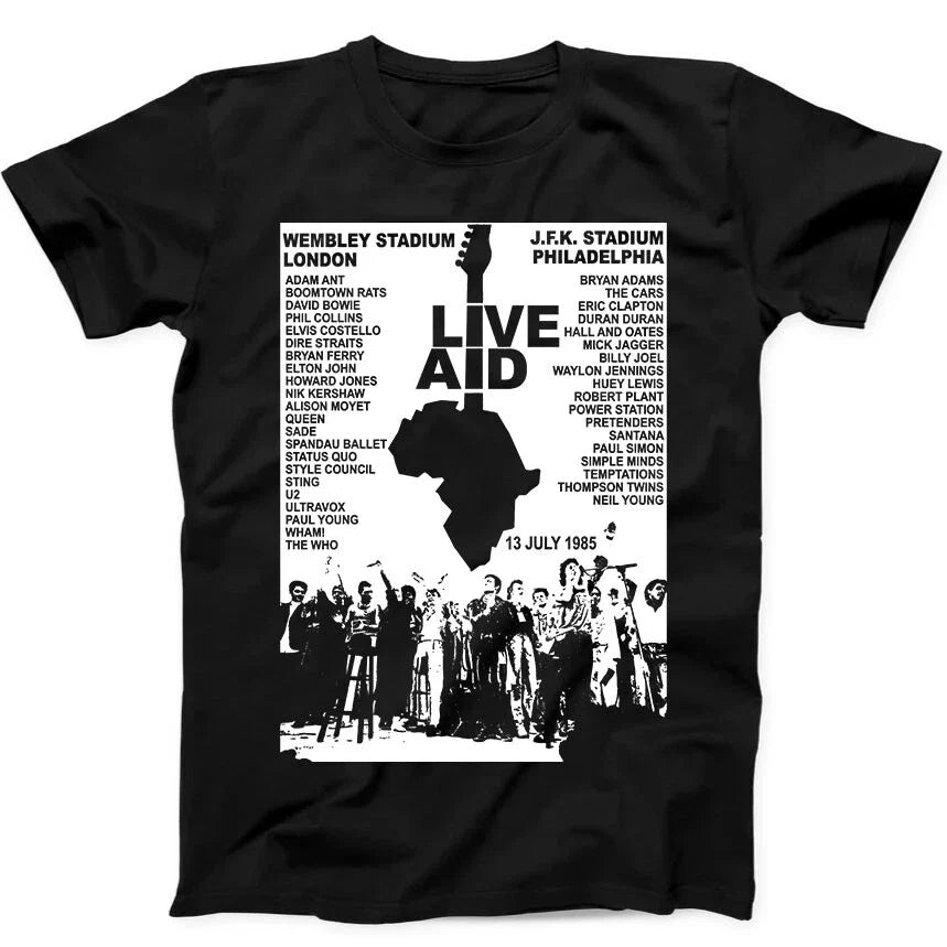Live Aid Concert Music Gig Event Live 1985 Wembley 80s Gift Tee Black T Shirt 30 Unisex