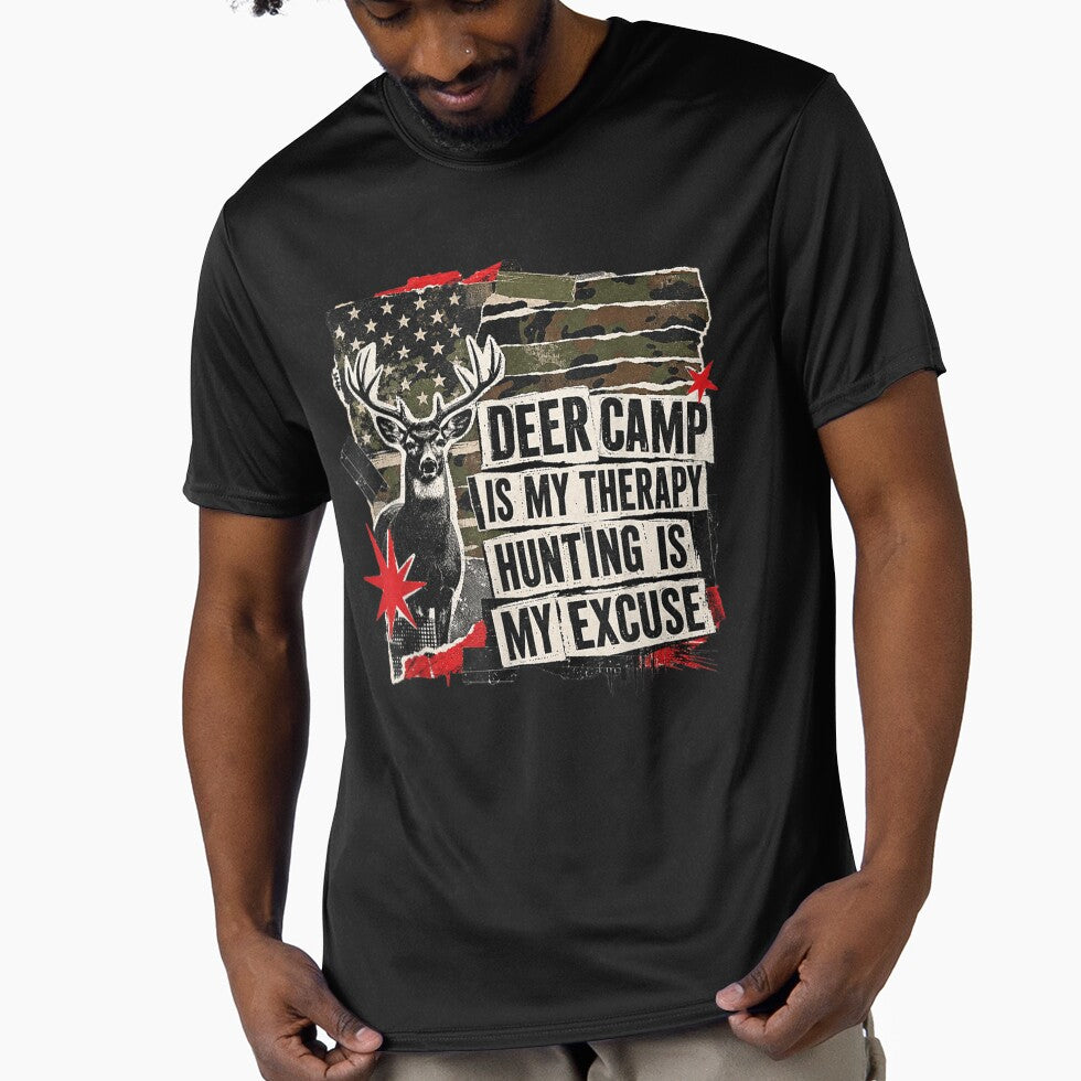 Deer Camp Therapy Hunting Excuse American Camo Men by JaredDeShop
