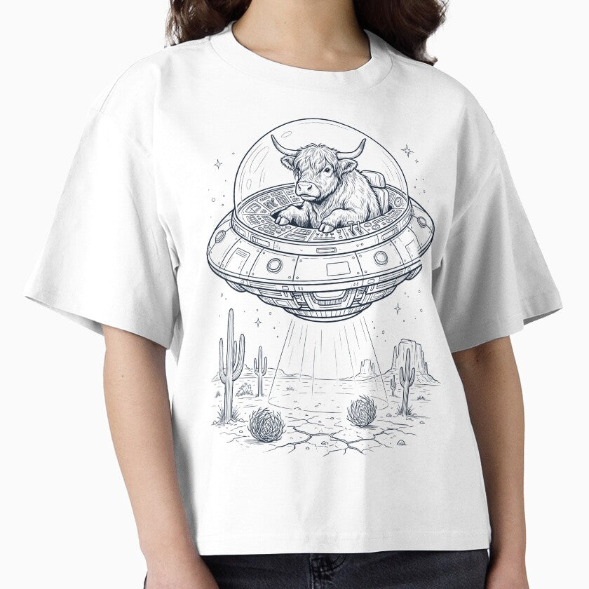Vintage Highland Cow Riding UFO Animal Lover by DoodleTortle