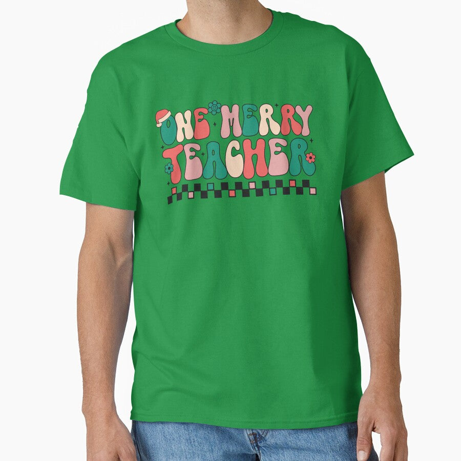 Retro One Merry Teacher , Holiday Teacher Shirt by DiatomDesigns