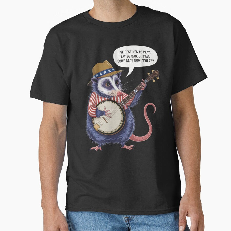 Funny Opossum Banjo Player in Striped Shirt and Cowboy Hat by SkymarArt