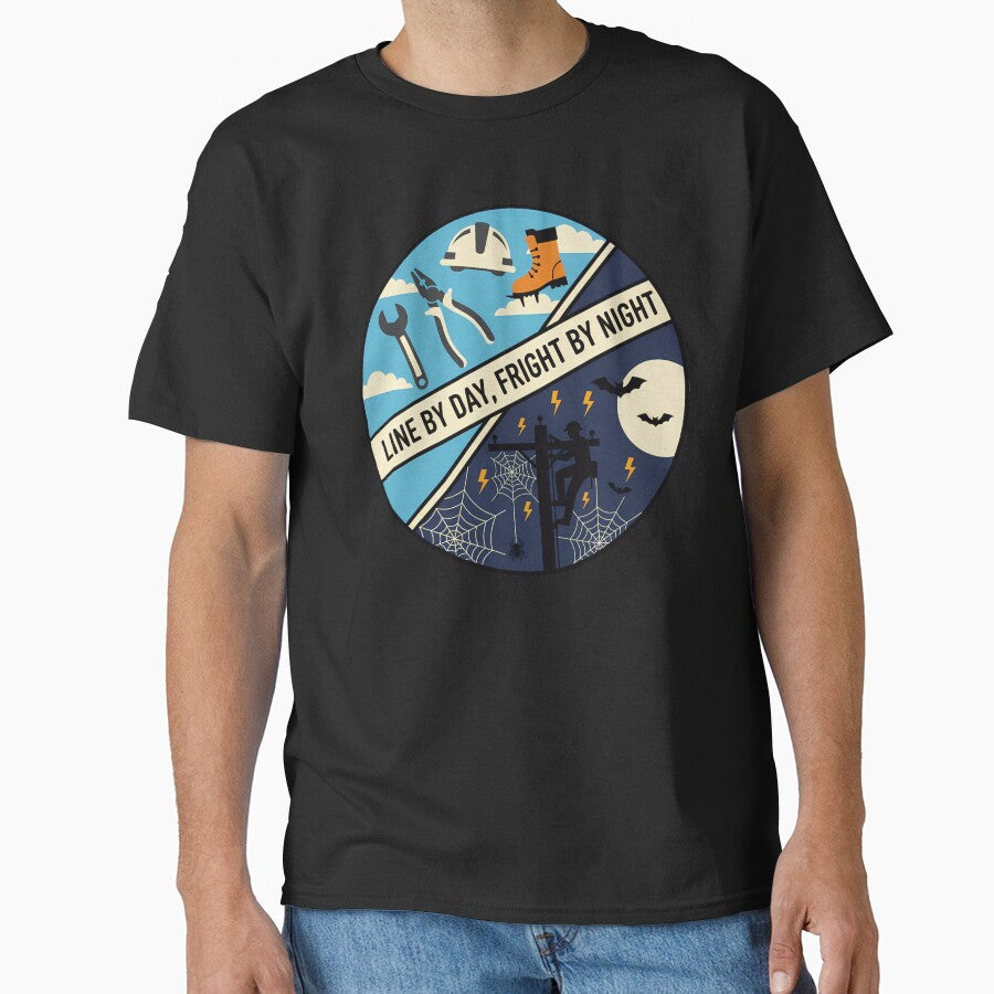 Line by Day, Fright by Night – Funny Day/Night Halloween Lineman Design (2) by InkoraLab