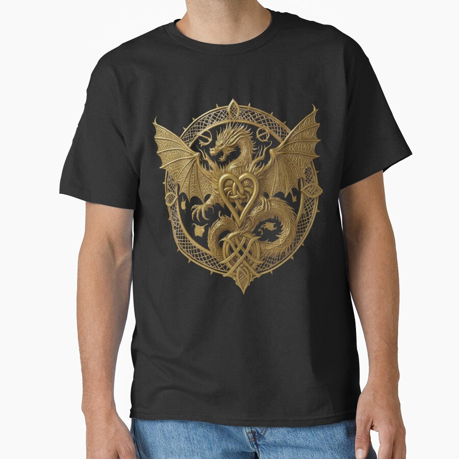Golden Dragon Celtic Knot Heart Print, Gothic Fantasy wall Art, Viking home Decor by TheGaliyaStudio