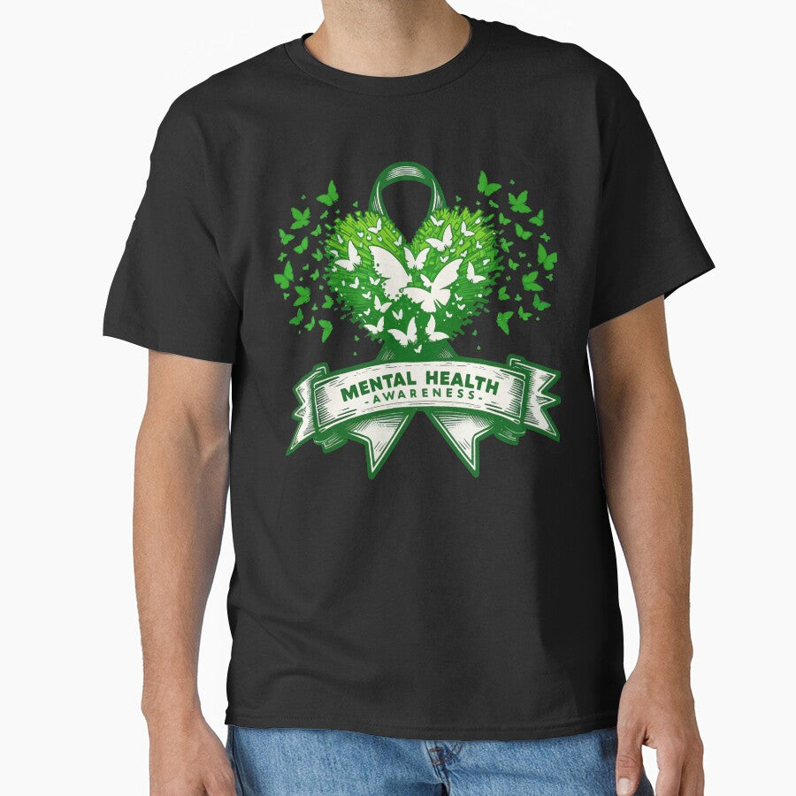 Mental Health Awareness Heart Butterflies Green Ribbon by TomFrontierArt