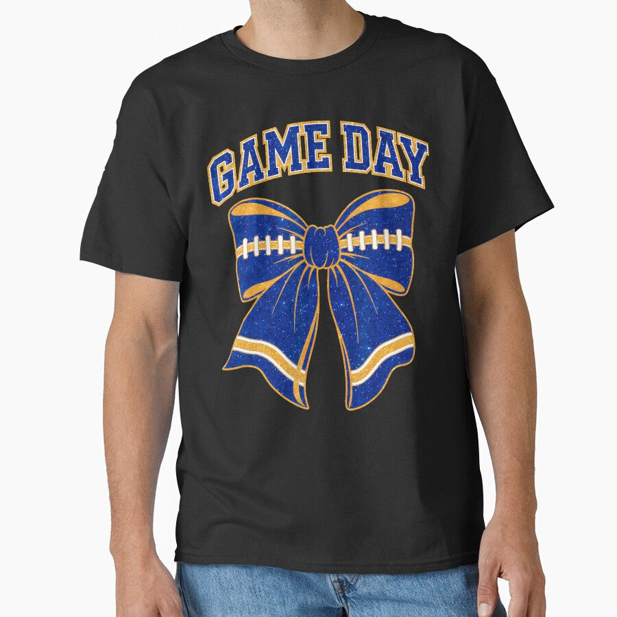 Blue And Gold Coquette Bow Game Day Football Cheer Mom by Strow--bary