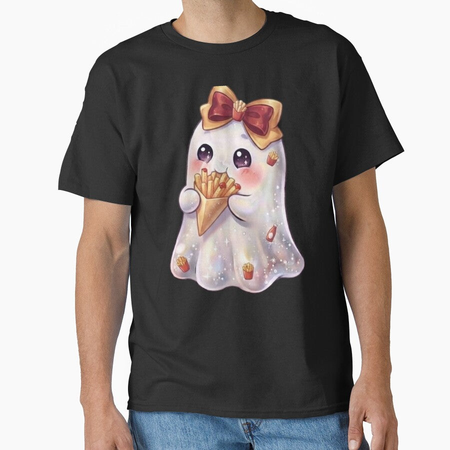 Cute Kawaii Ghost Eating a French-fries Design / Potato Chips / Halloween Costume / Foodie / T-shirts mugs stickers phone case hardcover journal poster by TeenLake