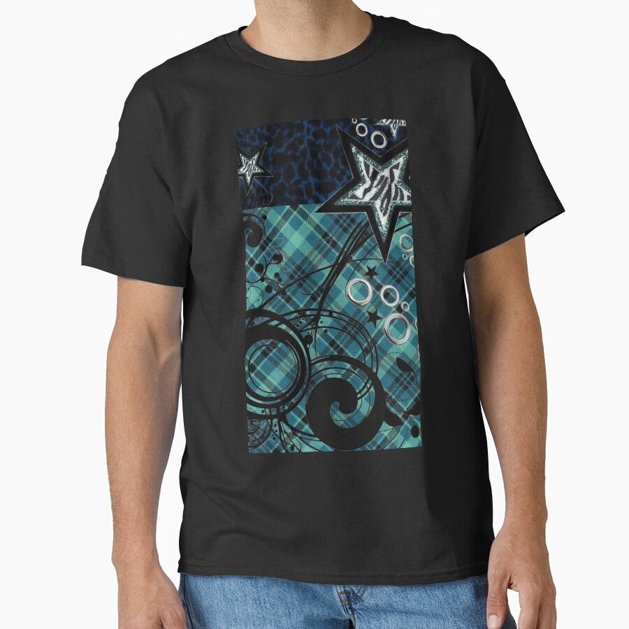 Teal McBling Stars & Plaid Collage | Cyber Frutiger & Scene Kid Aesthetic by BrontesWhimsyStore