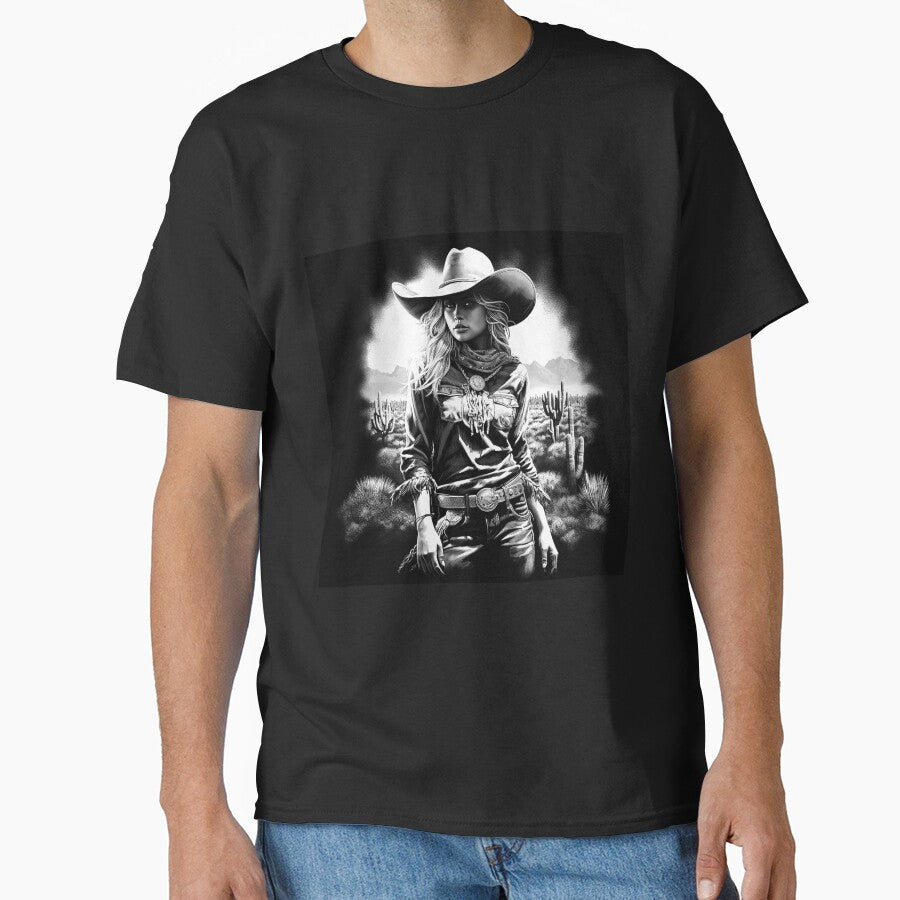 Western Cowgirl in Desert Cactus Landscape | Black and White Southwest Art by inkoutninja
