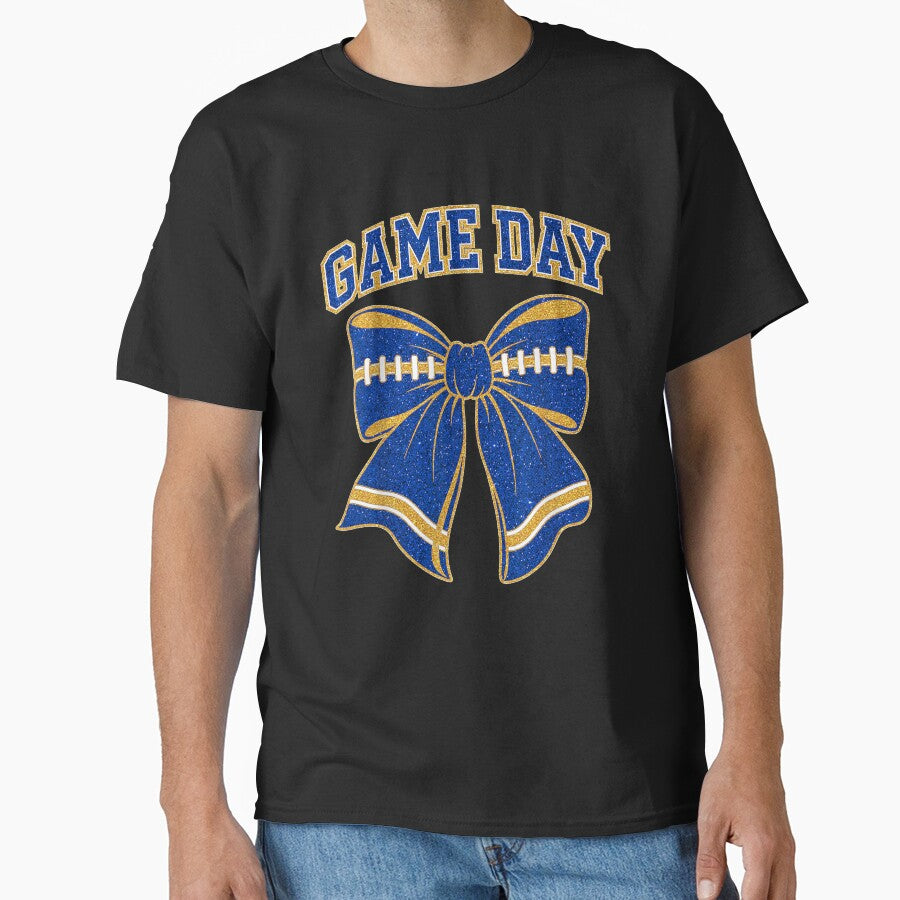 Blue and Gold Coquette Bow Game Day Football Cheer Mom by Denenberg Jardel