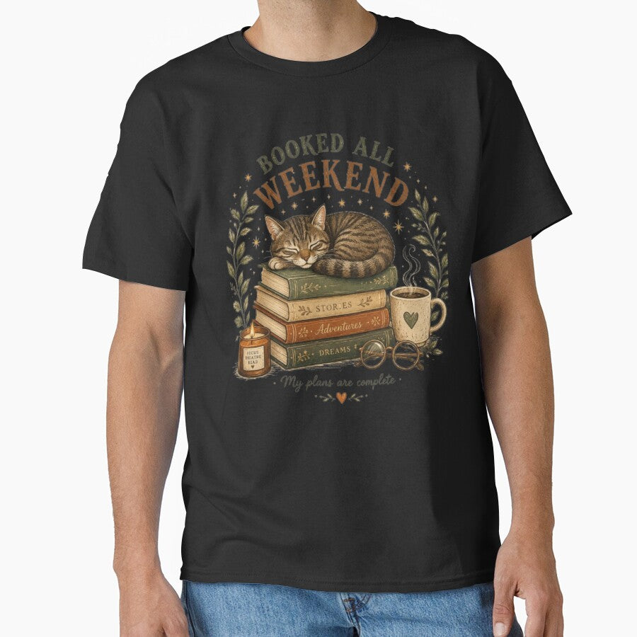 Booked All Weekend Cat, Cozy Reading Cat, Book Lover Gift, Sleeping Tabby Cat, Bookish Sticker, Reader Aesthetic T Shirt by TulipsArtDesigns
