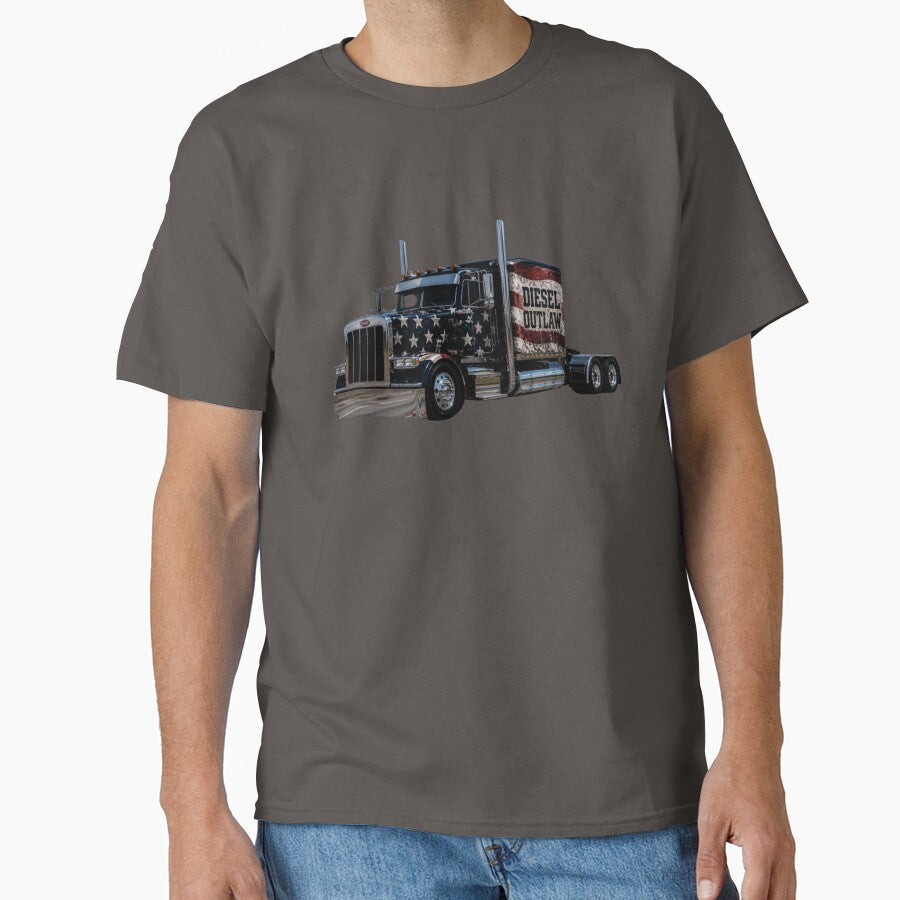.Diesel Outlaw Patriotic Semi Truck | American Flag Peterbilt Big Rig Trucker T-Shirt Design by Diesel outlaw
