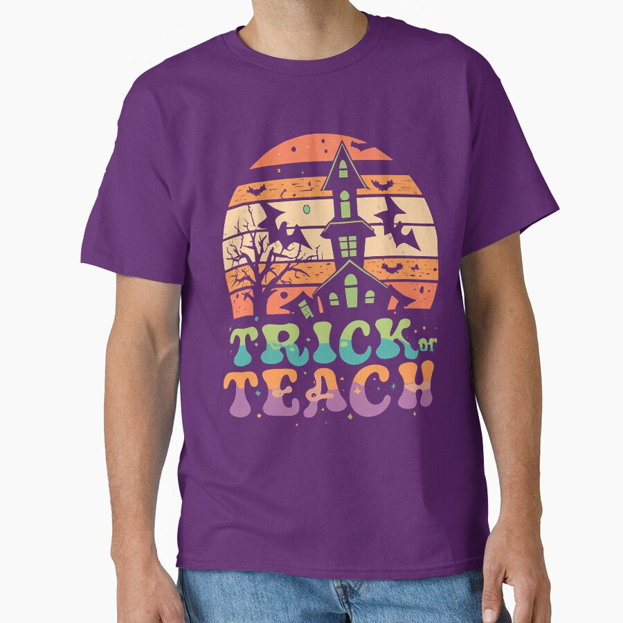 Trick Or Teach, Groovy Teacher Halloween Vintage 70's Hippie Sunset, Castle, Bats,  Principal, School Staff by NearlyNow