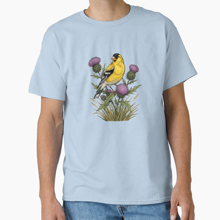 American Goldfinch Sitting Among Purple Thistle Bird Art by BirdsnStuff Unisex