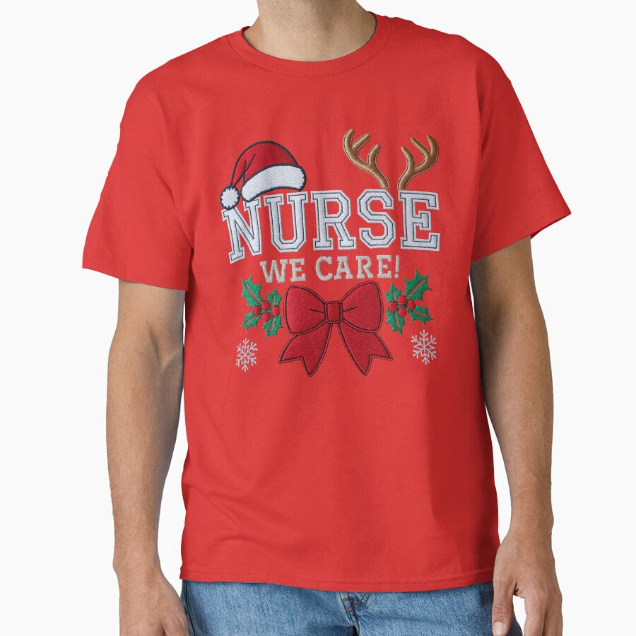 Festive Nurse Christmas Sweatshirt – Nurse We Care Embroidered Holiday Crewneck with Santa Hat, Antlers & Bow by ZyxDes