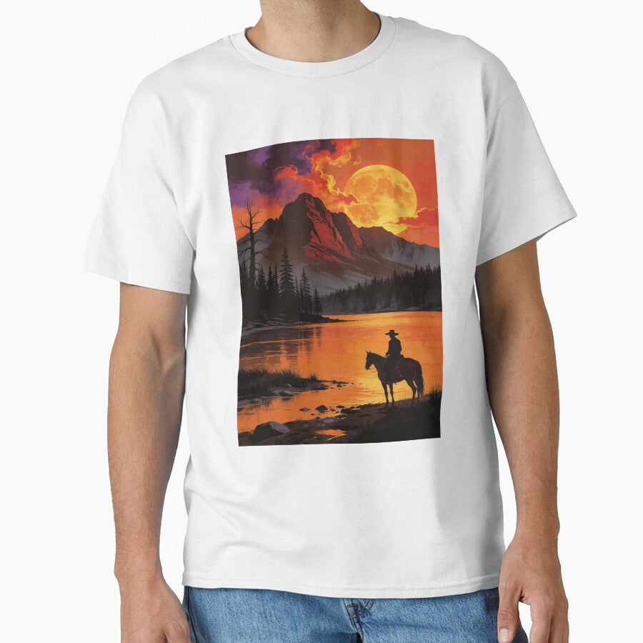 Lone Rider Under the Blood Moon – Western Night Journey T-Shirt by Eternal Kingdom Store