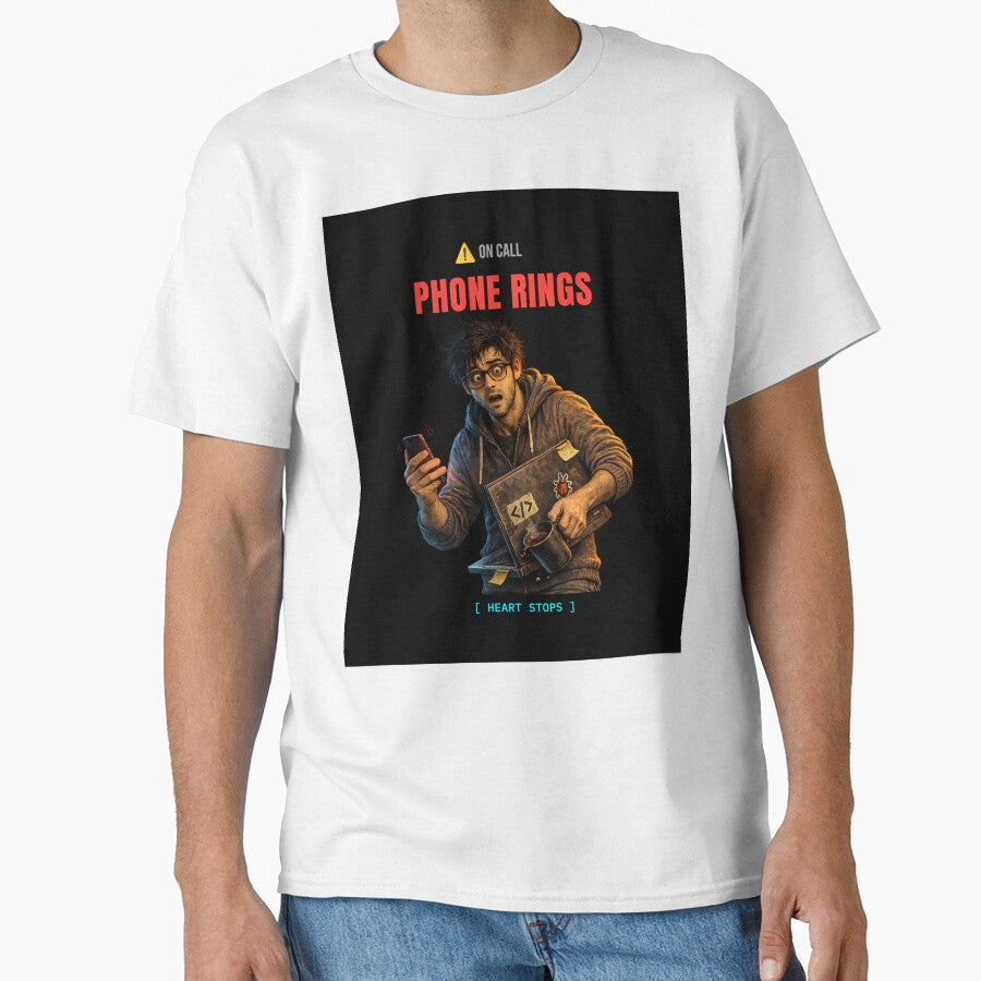 Phone Rings, Heart Stops - Funny On-Call Developer Shirt by BuggedThreads