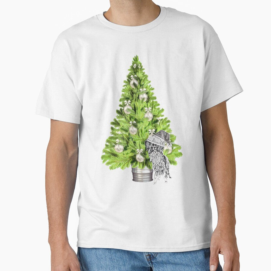 Papillon Dog Christmas scene with Christmas tree and Santa hat by NikkiBear67