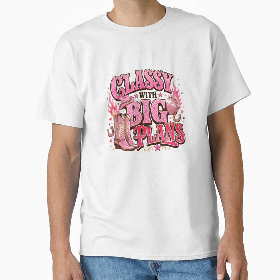 Classy with Big Plans Pink Cowgirl Western Quote.  Retro Country Girl Aesthetic Graphic Tee Sticker by Aarvya Fashion Club ( A.F.C )