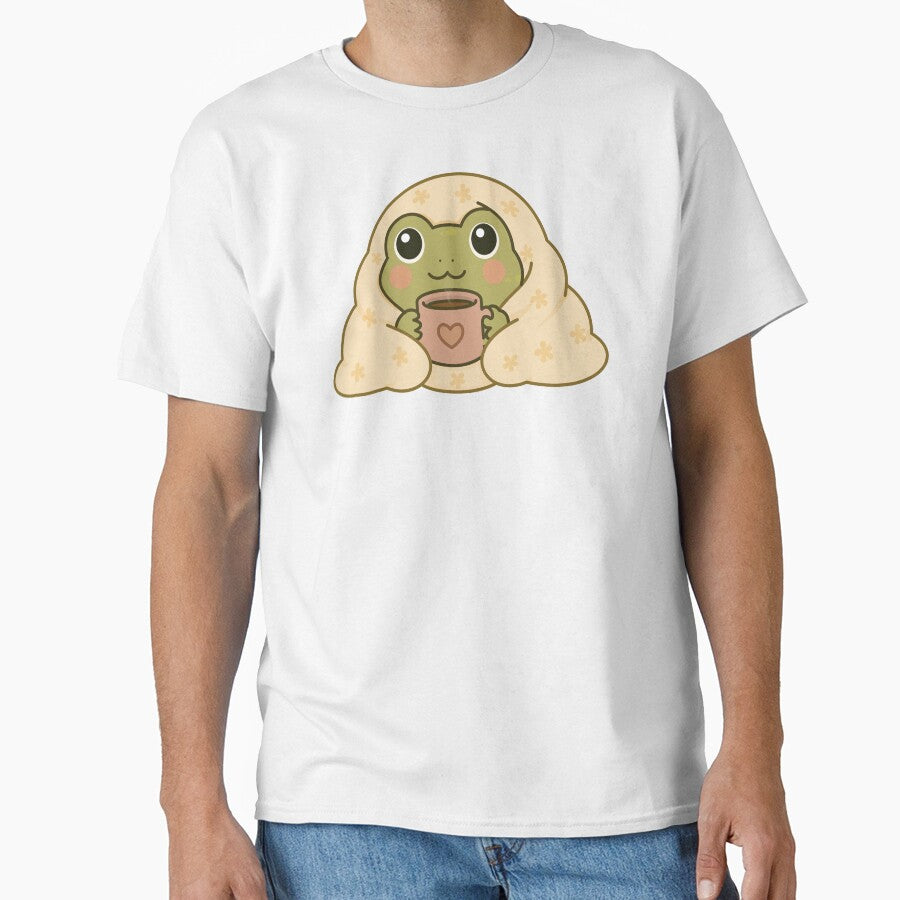 Cute Cozy Frog Drinking Coffee Under Blanket – Kawaii Aesthetic Frog Sticker by Lilypad Shop