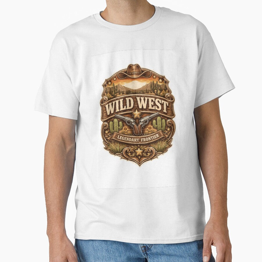 Wild West Vintage Badge Logo – Western Cowboy Emblem with Desert, Cactus & Revolvers by QuietWallStudio