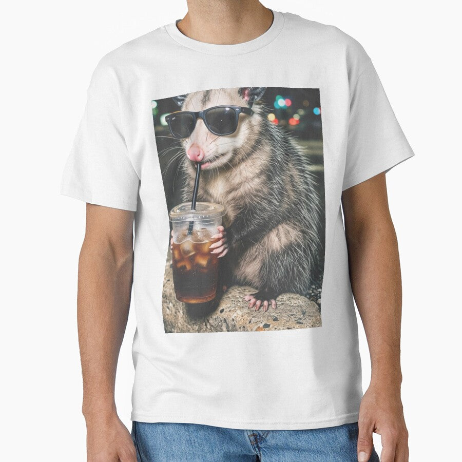 Cool Opossum Drinking Iced Coffee Night City Street by raedattia