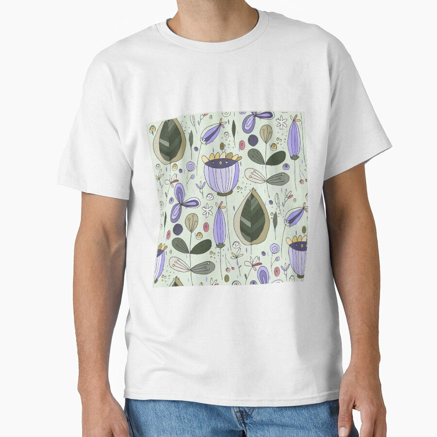 Beautiful Abstract Hand Drawn Purple Flowers and Green Leaves. Wildflowers and Leaves by silviaol