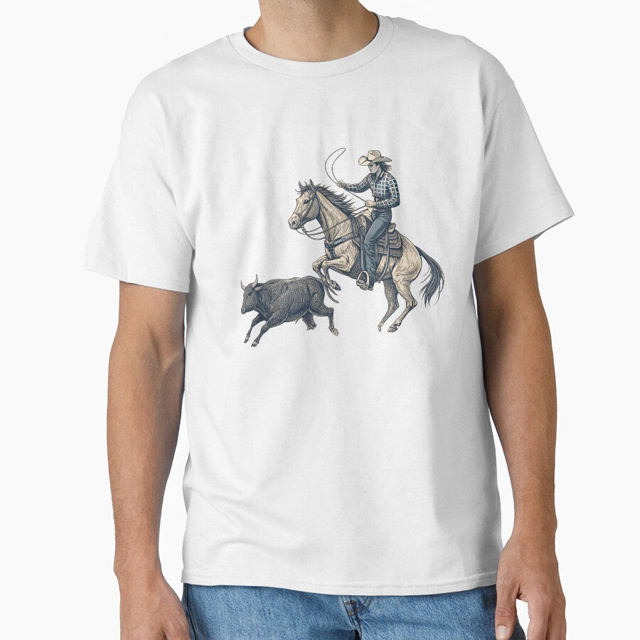 Cutting Horse Rodeo – Dynamic Western Line Art Cowboy & Steer Design by VividOrganica