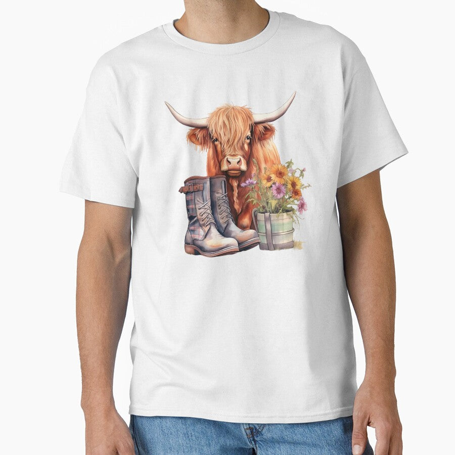 Scottish Highland Cow, Cowboy Boots & Flowers by DapperDanForge