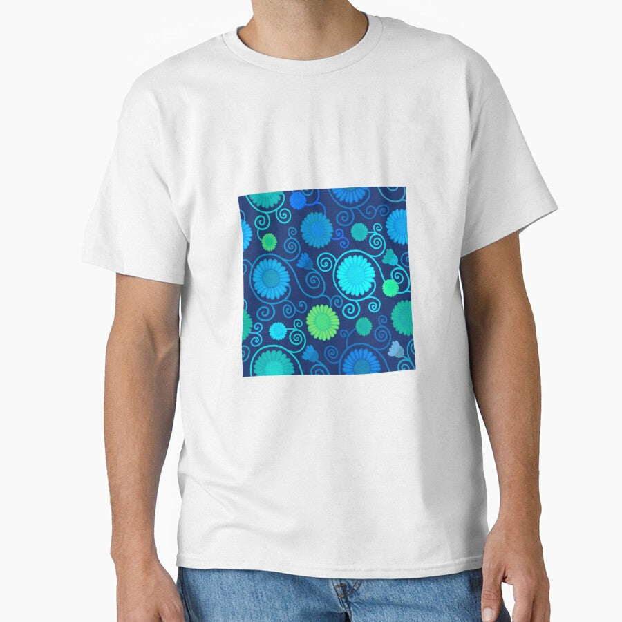 Blue and green flowers and spirals on navy by QuirkyCraftz
