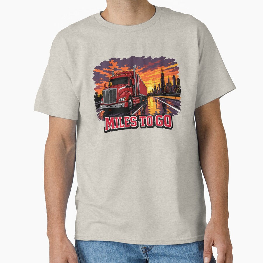 Miles To Go - Red Semi Truck Sunset City Skyline Art by NomadForge