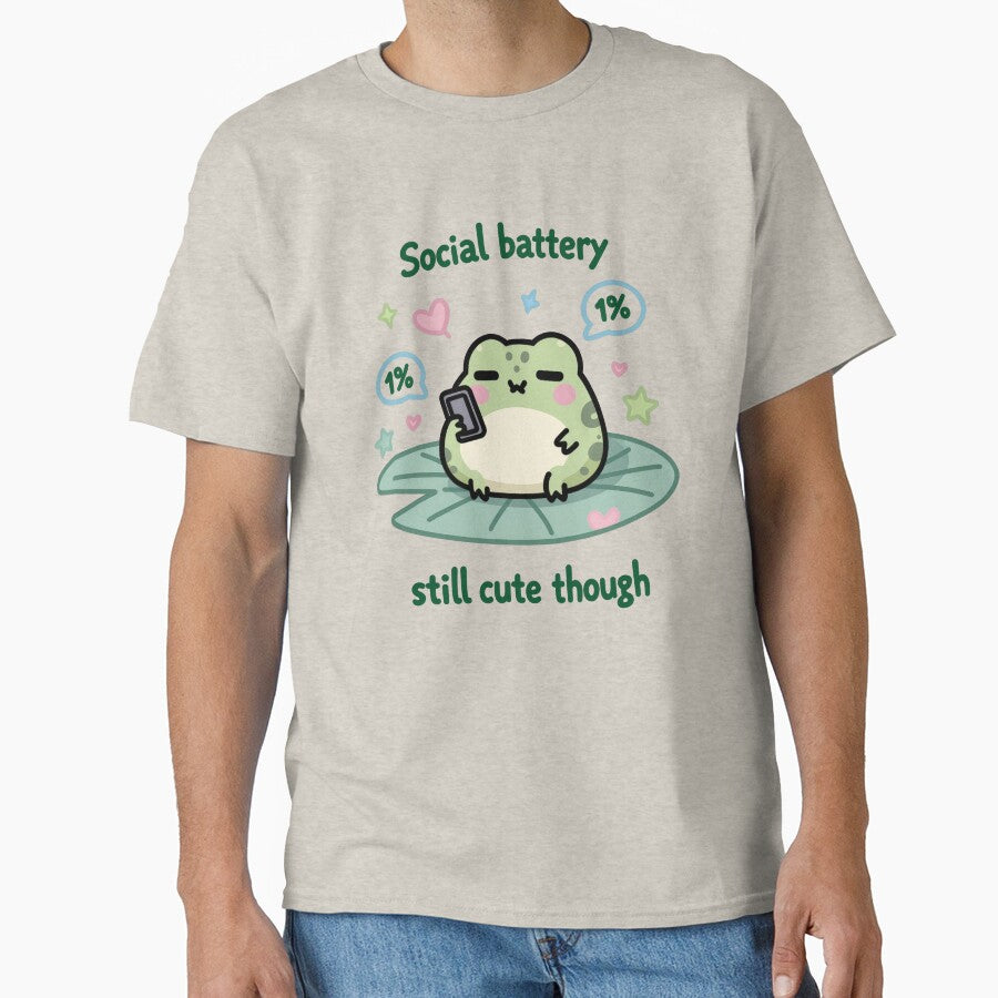 Social Battery 1% Frog Meme - Still Cute Though Kawaii Phone Low Battery Cute Frog Sticker T-Shirt by TeeTimeMeTime
