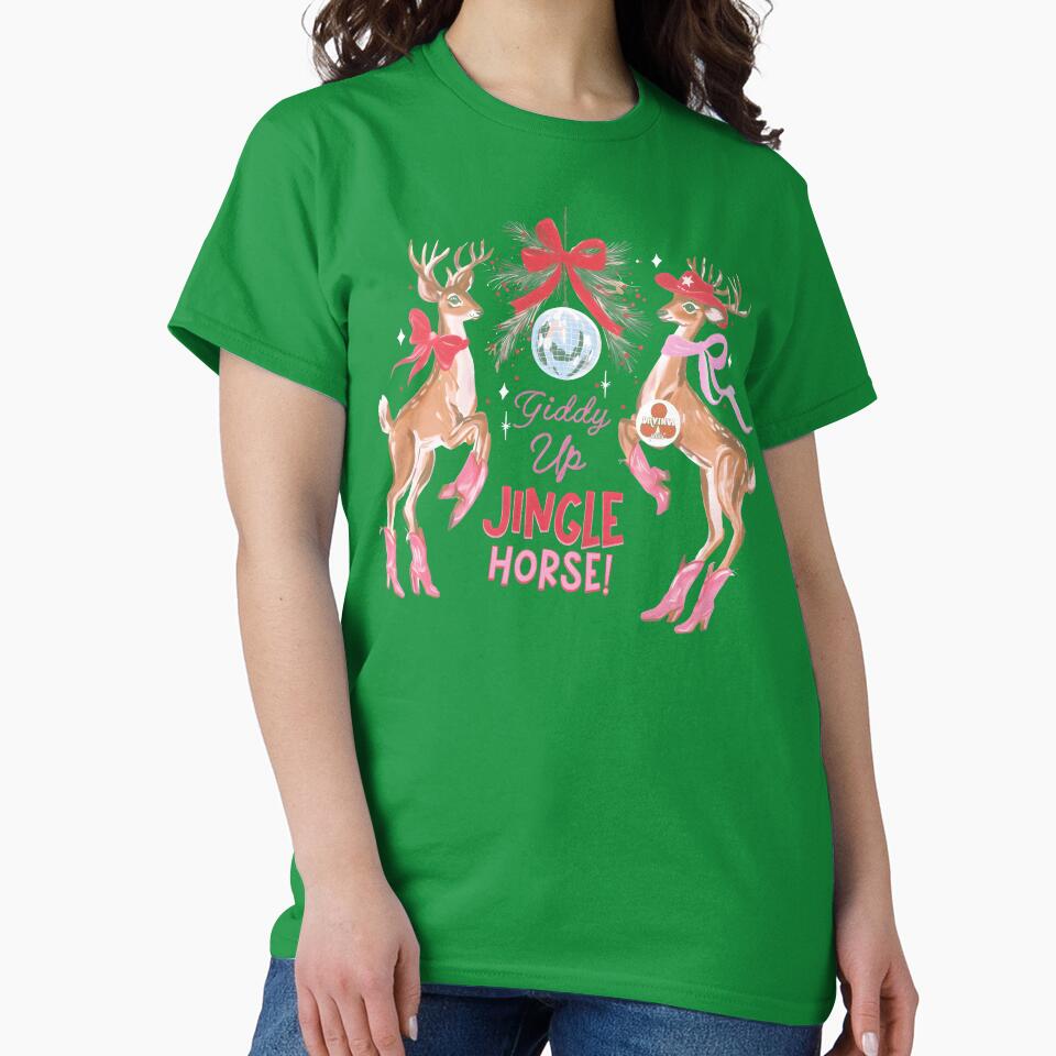 Giddy Up Jingle Horse Shirt, Pink Reindeer Christmas Graphic Tee, Retro Holiday Cowgirl Western Christmas Gift by Xtusdior