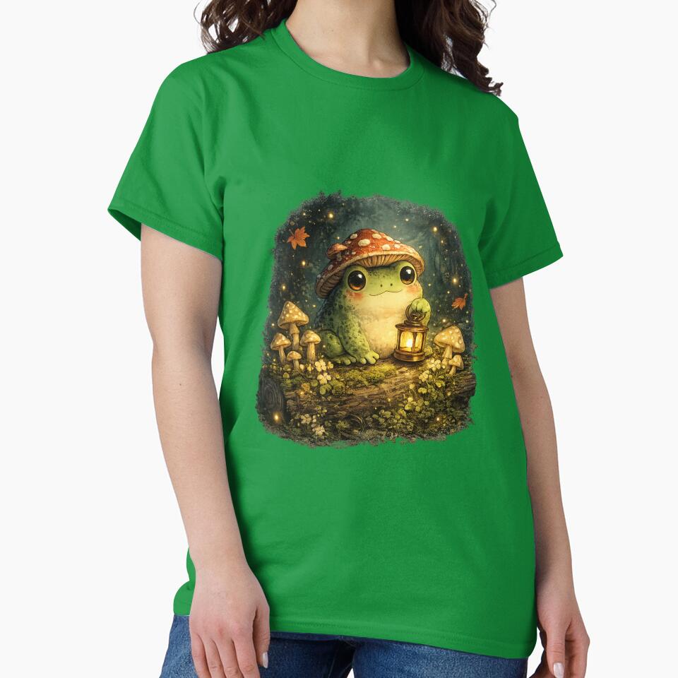 Goblincore Frog with Mushroom Hat – Cute Forest Night Kawaii Art | Frog Lover Goblincore Gift by irfanshikh