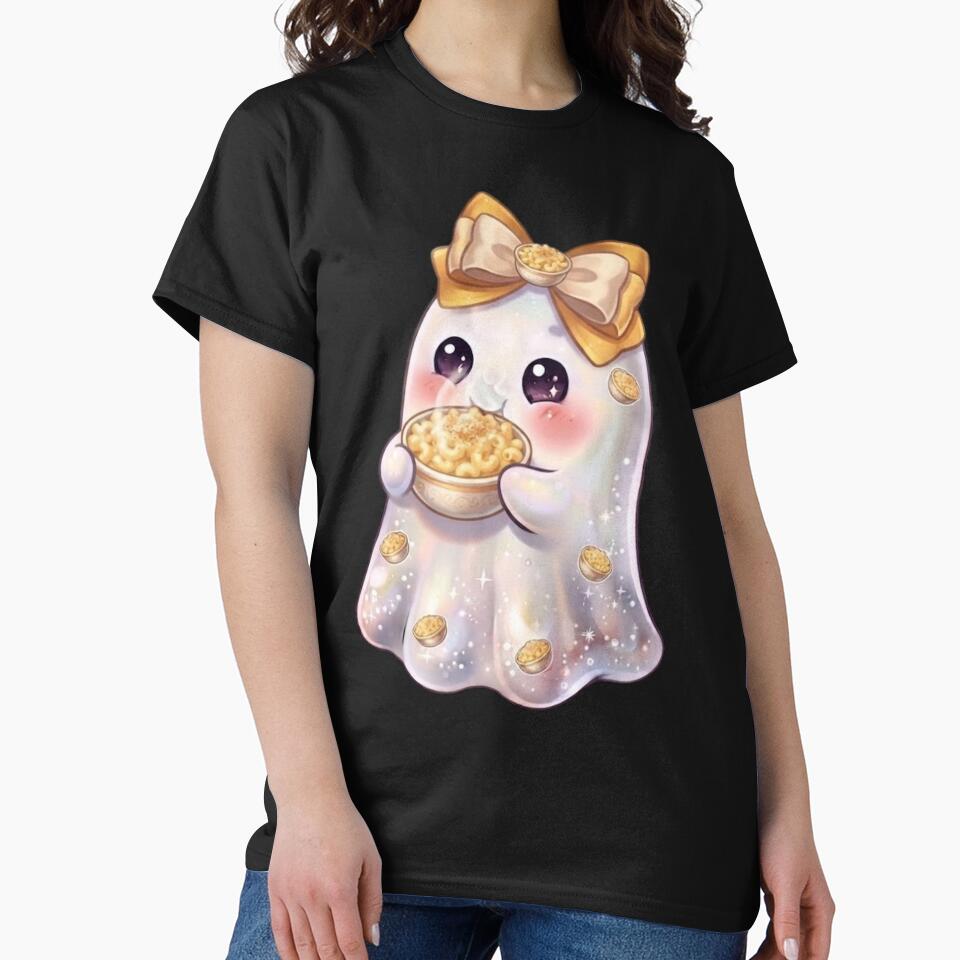 Cute Kawaii Ghost Eating a Mac & Cheese Design / Cheesy Lovers / Funny Tops / Halloween / Foodie T-shirts mugs stickers phone case journal poster / Journaling by TeenLake
