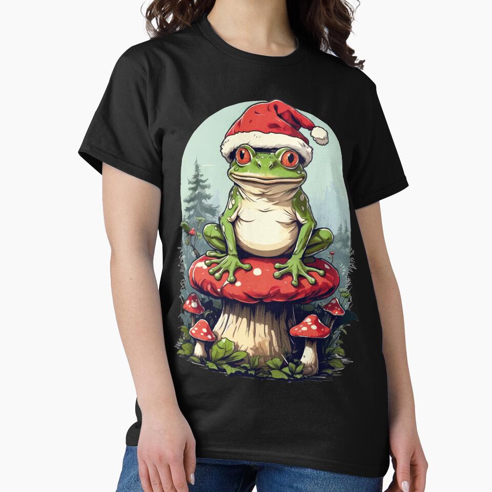 funny Frog on Toadstool with Santa Hat - Funny Christmas Design by DrawHandArt
