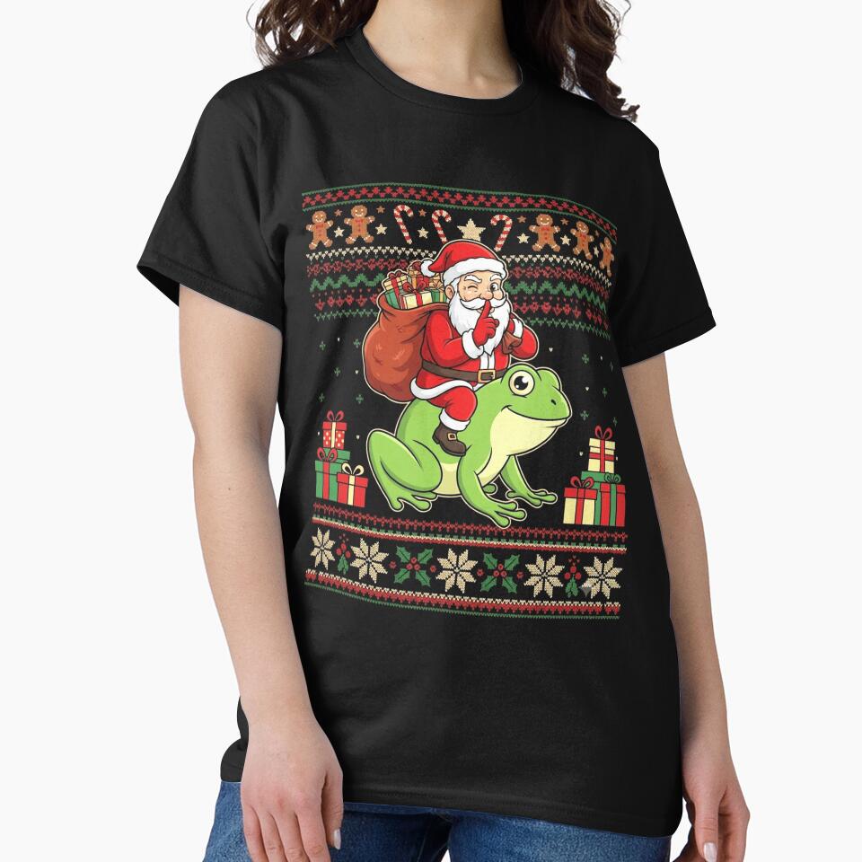 Santa Riding a Frog Funny Ugly Christmas Sweater by MiALopezArt
