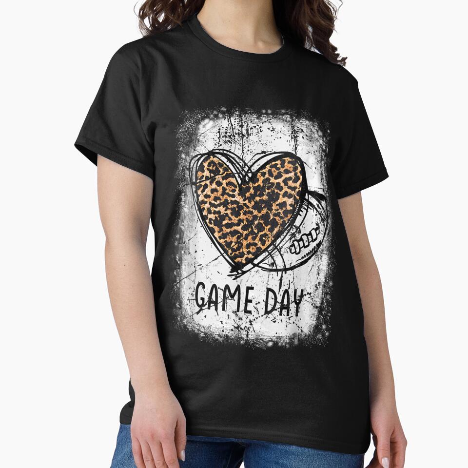 Womens Game Day With Leopard Heart Football Lovers Mom Bleached V-Neck by infinitecity751