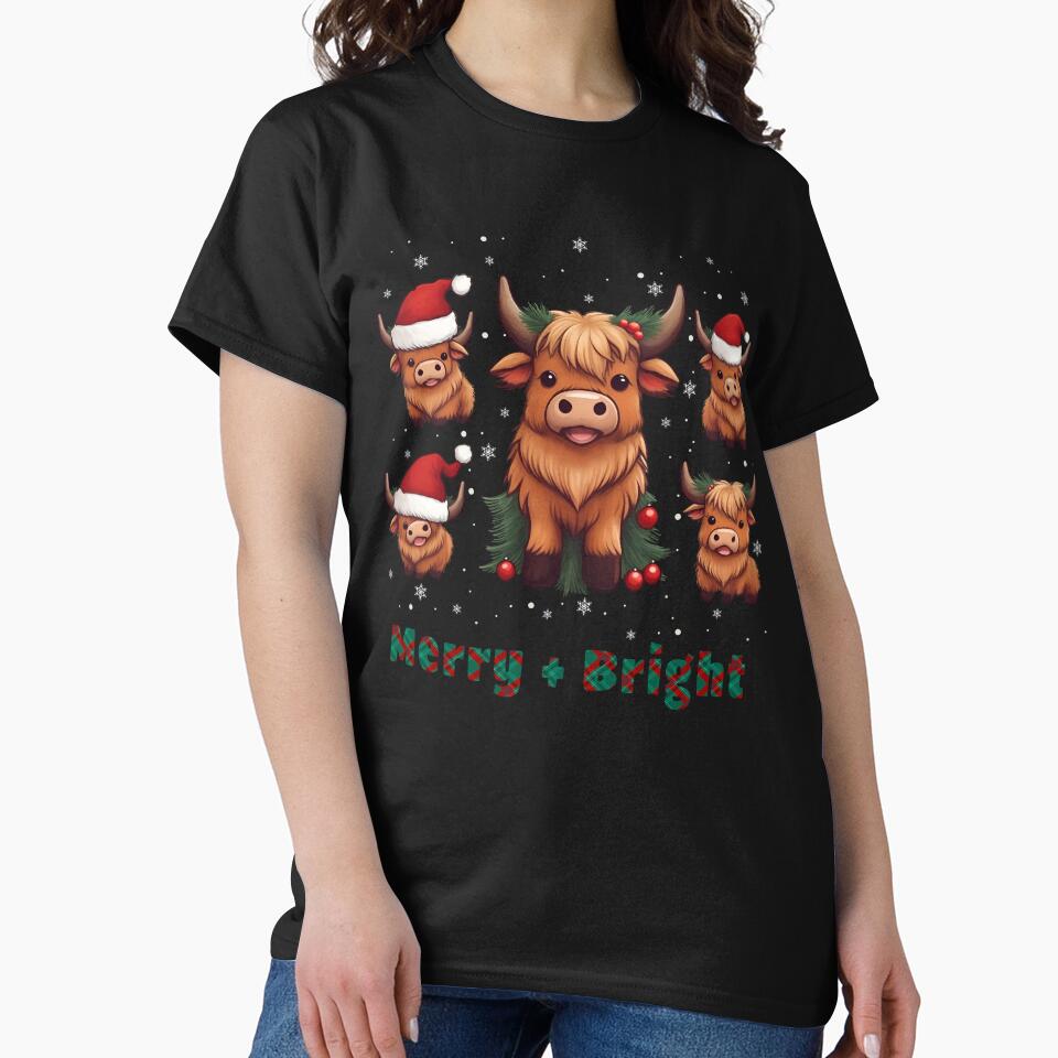 Cute Highland Cow Christmas Merry and Bright, Scottish, Cow Xmas Farmer, Christmas sweater with cute Highland Cow by Collagedream