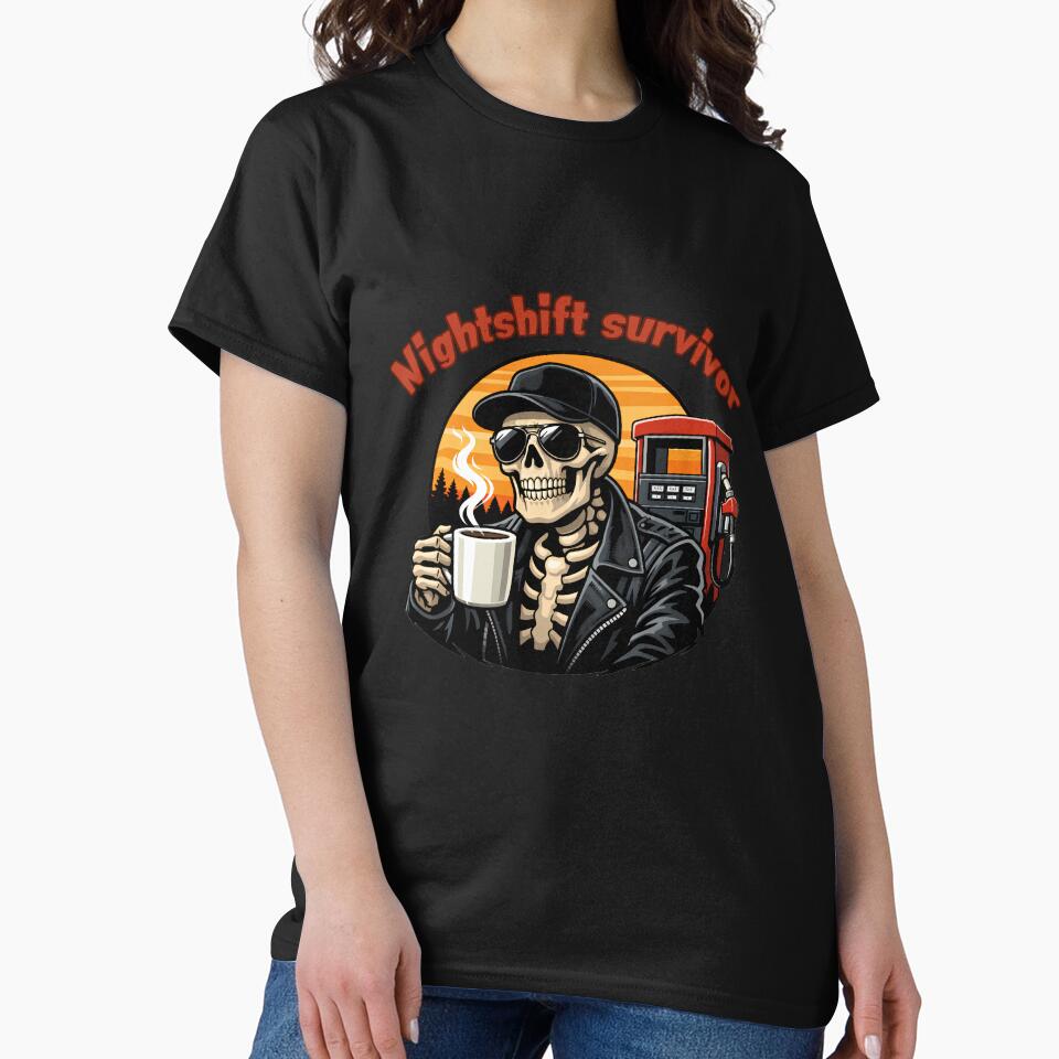 Nightshift Survivor Halloween Skeleton Trucker Coffee Gas Station Funny Driver Shirt by Lulustarfox