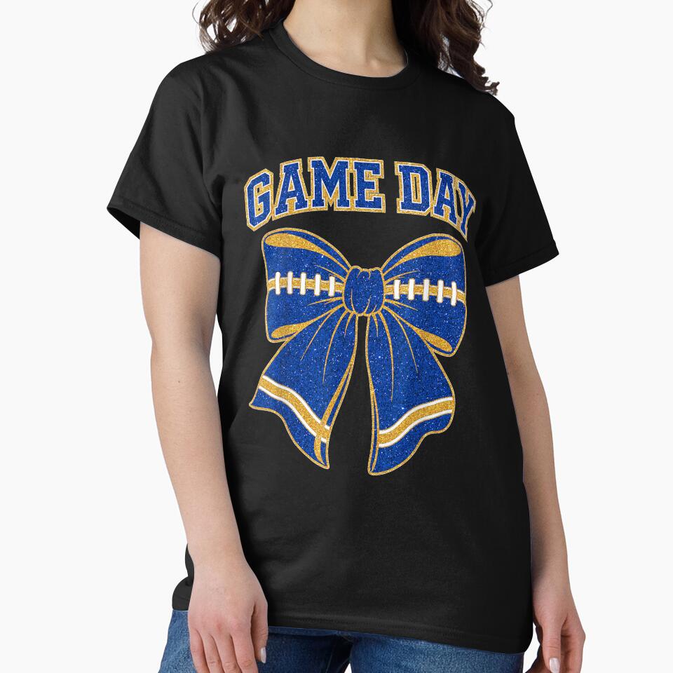 Blue and Gold Coquette Bow Game Day Football Cheer Mom by Denenberg Jardel