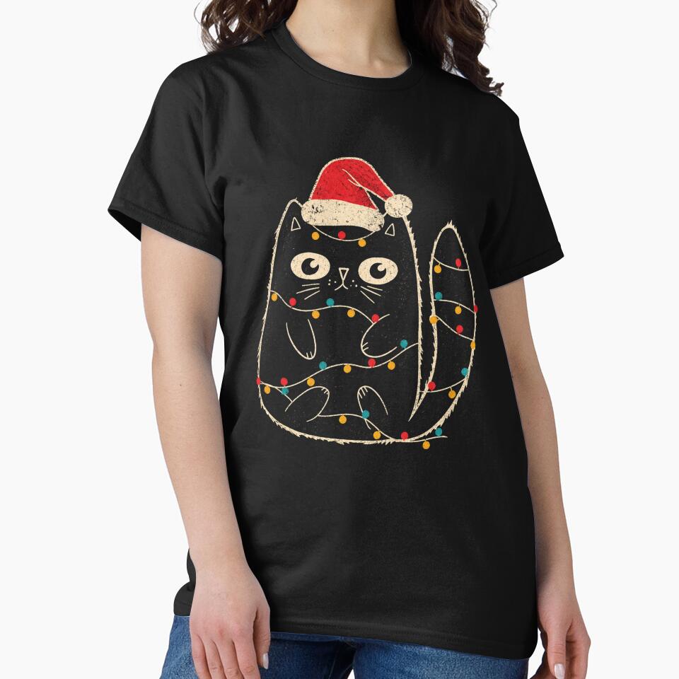 Cute Black Cat Santa Christmas Lights Meow Kitty by Moizento