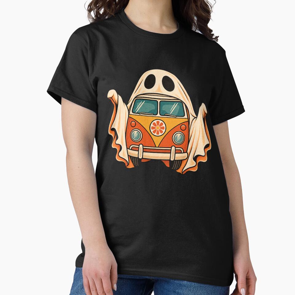 Retro 1970s Groovy Ghost Camper Van Art – Vintage Halloween Print by MagicMakerPh