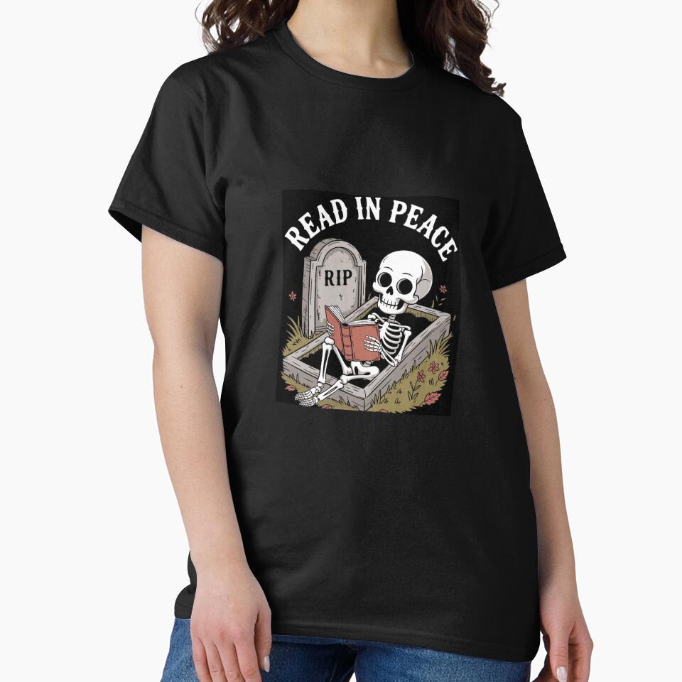 Read In Peace Skeleton Graphic - Funny Book Lover Skeleton Reading in Coffin Vector by GrimNest