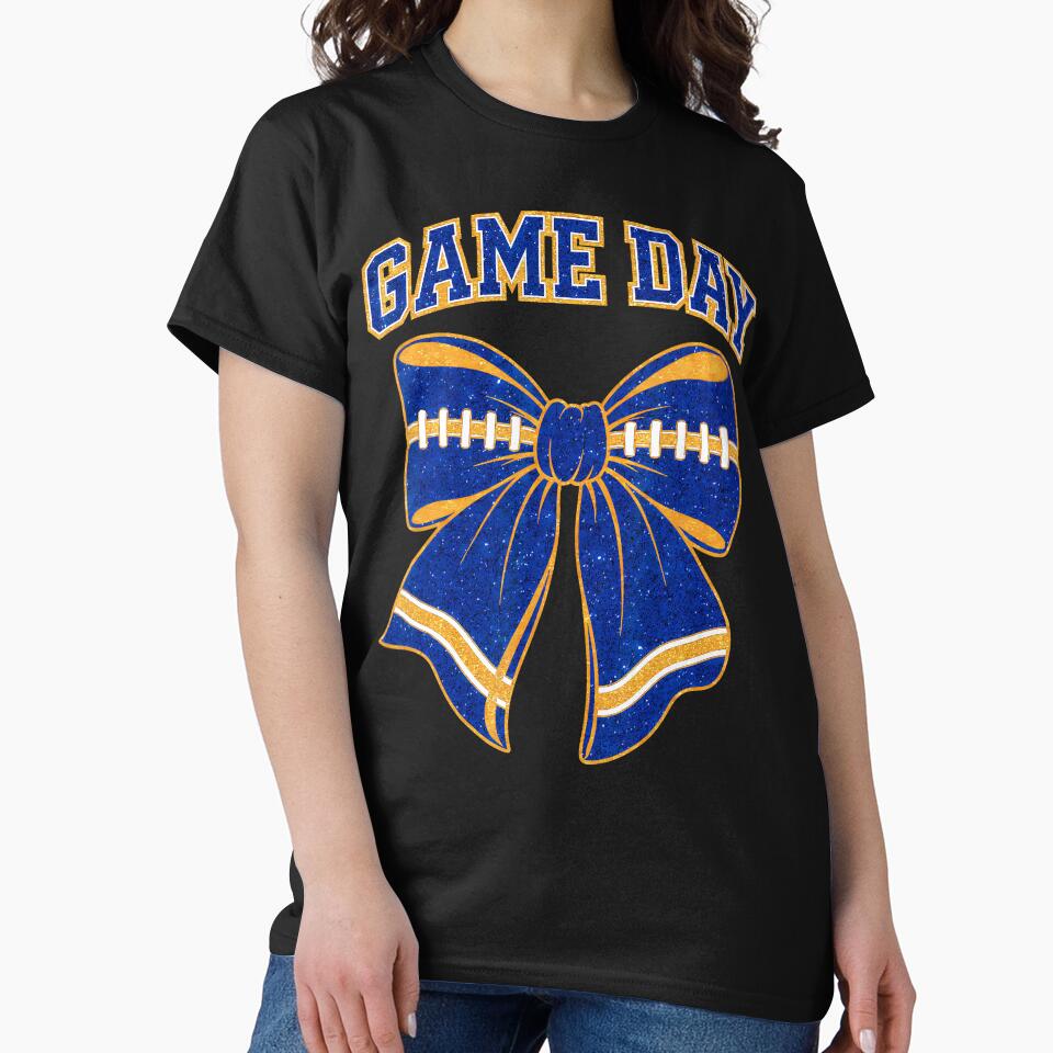Blue And Gold Coquette Bow Game Day Football Cheer Mom by Strow--bary