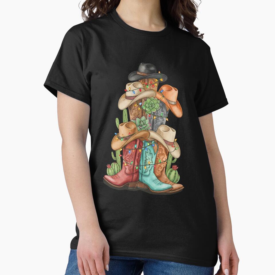 Christmas tree with cowgirl boots, Desert Merry, hawthorn and pine branches and cactus, western style, country,horseback, riding, horse owner, farmer, western by Collagedream