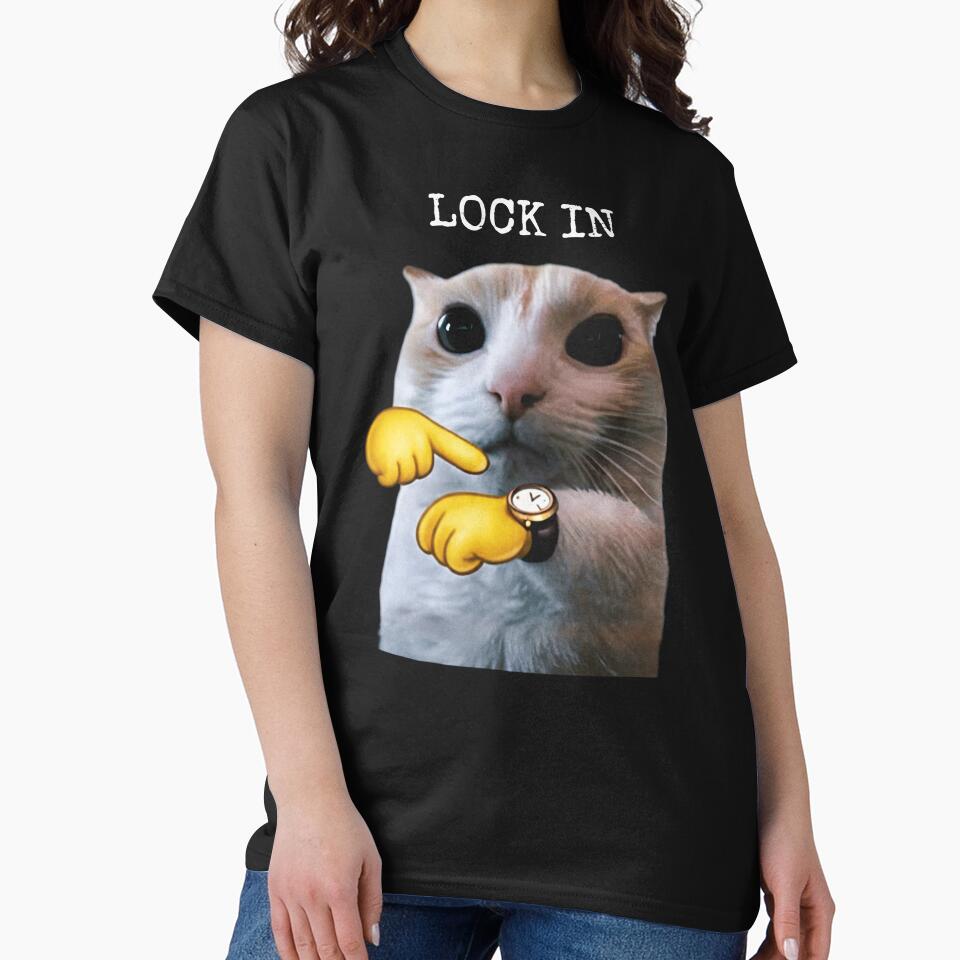 Lock In Cat Shirt Funny Cat Meme T-Shirt Cute Cat Pointing At Wrist Watch Tee Relatable Meme Shirt Funny Gym Motivation Top Cat Lover Gift [Black Shirt Only] by Off-Road-Zone