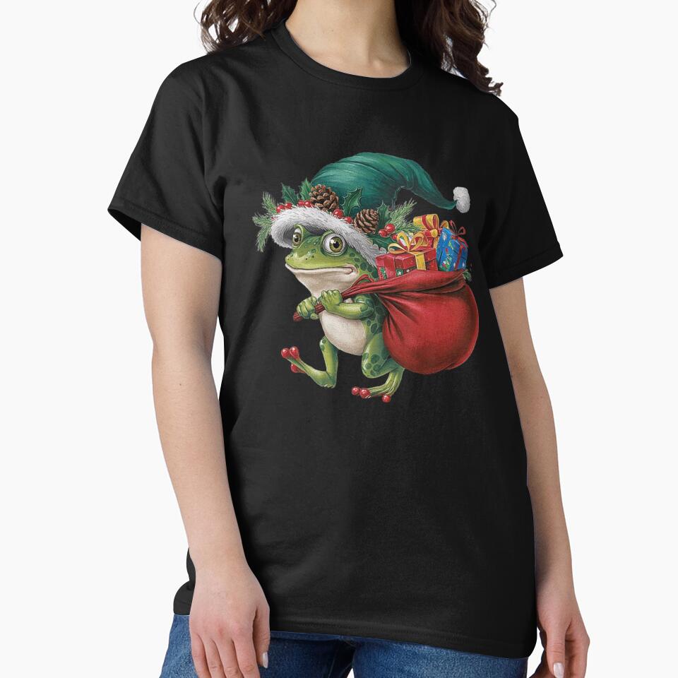 Festive Frog with Santa Hat and Christmas Gifts - Holiday Frog Art by love3617
