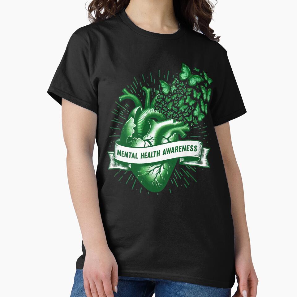 Mental Health Awareness Heart Butterflies Green by TomFrontierArt