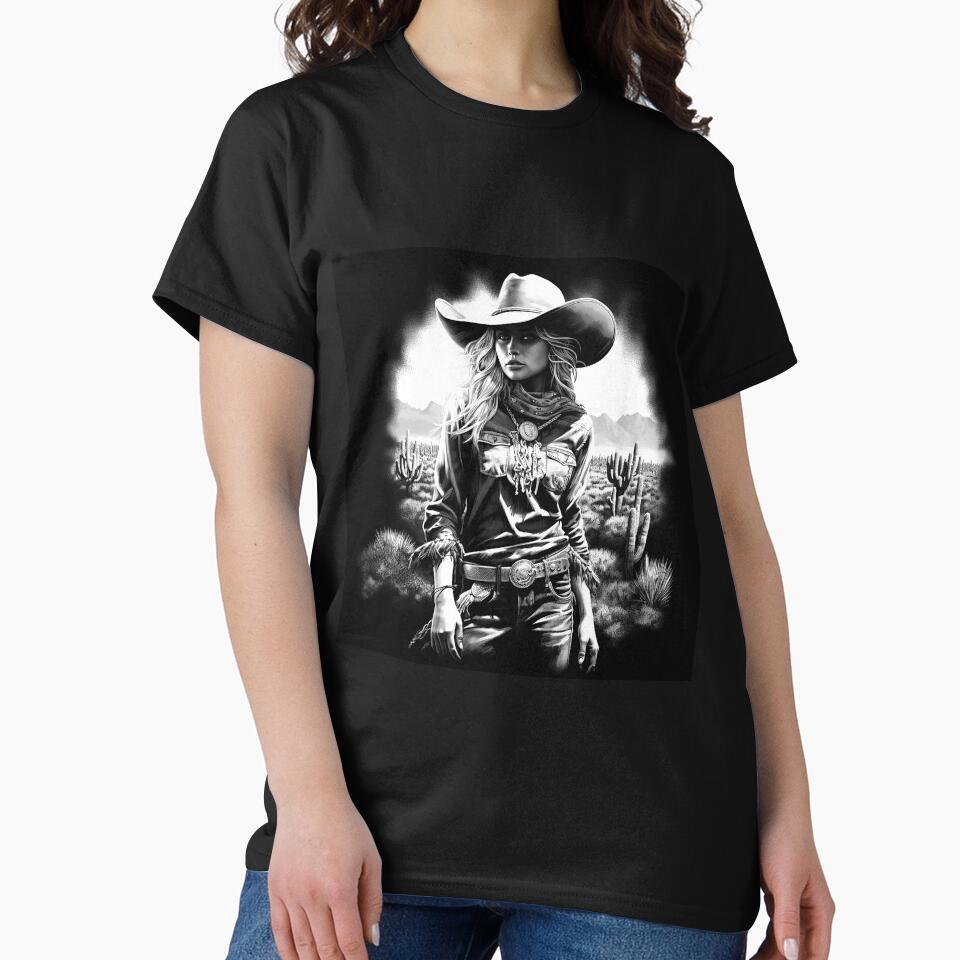 Western Cowgirl in Desert Cactus Landscape | Black and White Southwest Art by inkoutninja
