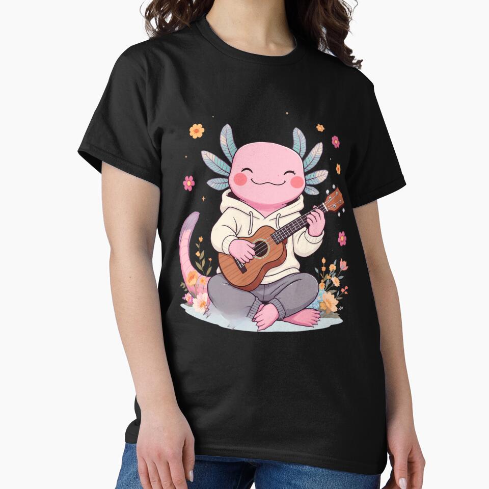 Music Lover Axolotl Playing Ukulele with Flowers – Joyful Creative Illustration by ColorSplash123